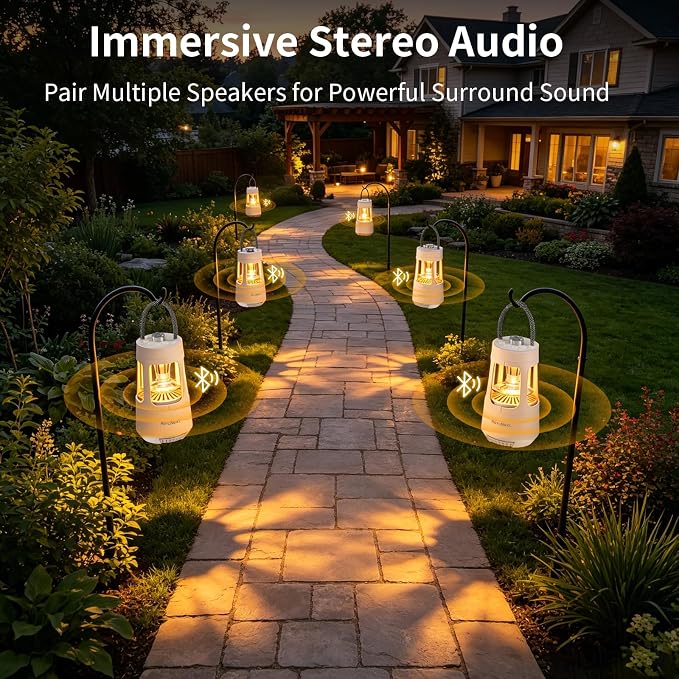 Revonext Camping Lantern Bluetooth Speaker, Rechargeable Waterproof Outdoor Lantern with 10W Stereo Sound, Adjustable Dual-Tone Light, TWS Pairing, Gift for Dad, Men, Outdoor Lovers(White)