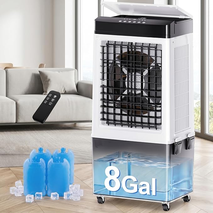 Uthfy Swamp Cooler Air Conditioner, 2200 CFM Evaporative Cooler with 8 Gal Detachable Water Tank & 4 Ice Packs, 120° Oscillation, 3 Speeds, Remote & 12H Timer, 40" Portable Outdoor AC for Bedroom