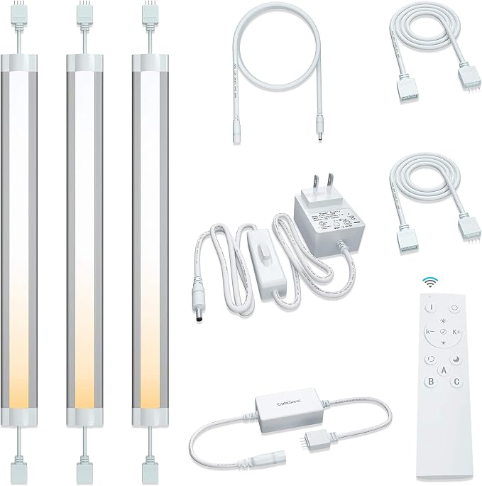 Under Cabinet LED Lighting, 3 PCS LED Strip Lights with Remote Control Dimmer and Adapter, Dimmable for Kitchen Cabinet,Counter,Shelf,Workbench, Pantry, Color Temperature Adjustable (3 Bars Kit)