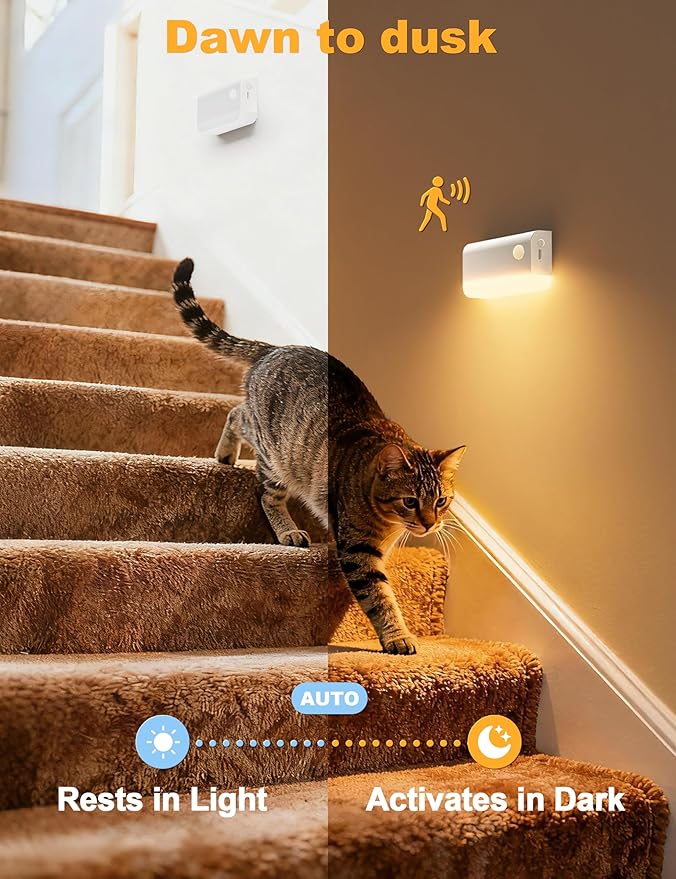 VOLISUN Motion Sensor Night Light, Rechargeable Stair Lights Indoor, Battery Operated Night Light for Hallway, Stairway, Bathroom, Bedroom, Kitchen, 3 Modes & 3 Color Temperatures(3 Pack White)