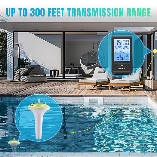 Raddy PT-5 Wi-Fi Pool Thermometer, Wireless Smart Floating Sensor with Indoor Console, APP Remote Monitoring, IPX8 Waterproof, Solar & USB-C Rechargeable, for Hot Tub Spa Swimming Pool Tank Aquarium