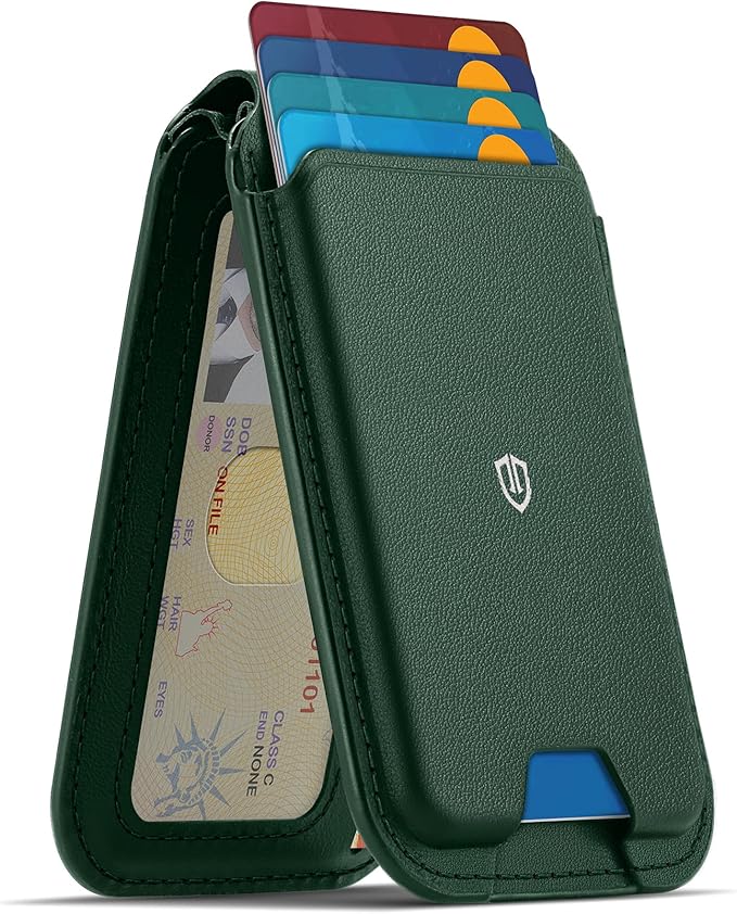 SHIELDON Strong Magnetic Wallet for Magsafe, Genuine Leather Adjustable Stand 6 Card Holders Quick Access ID Window, Mag Wallet Compatible with iPhone 17/16/15/14/13/12 Series Women Men - Evergreen