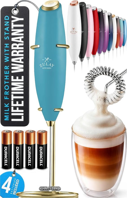 Zulay Kitchen Powerful Milk Frother Wand With Duracell Batteries - Ultra Fast Handheld Drink Mixer - Electric Whisk Foam Maker for Coffee, Lattes, Cappuccino & Matcha - Z1 Motor - Lake Gold