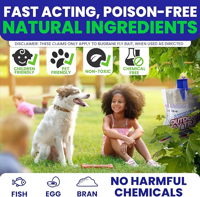 Fly Traps Outdoor Fly Trap for Patio. 4 Non-Toxic Pre-Baited Flies Bags Outdoor Disposable. Hanging Bug Catchers for All Filth Flies Killer for Outside Bug Control in Yard Horse Ranch Trash Can.
