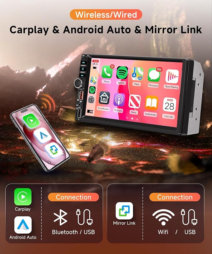 Rimoody Double Din Car Stereo, 7 Inch Touch Screen Wireless Carplay & Android Auto, Car Radio with Bluetooth/FM/EQ/SWC/MIC, Backup Camera Included, USB/AUX/TF/Type-C Car Audio Receiver