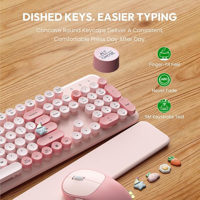 Wireless Keyboard and Mouse Combo, Typewriter Keyboard with Detachable Wrist Rest, Full-Size Retro Round Keycaps, Smart-Sleep, 2.4GHz Stable Connection for Mac/Windows/PC, Trueque(Rose Mist Pink)
