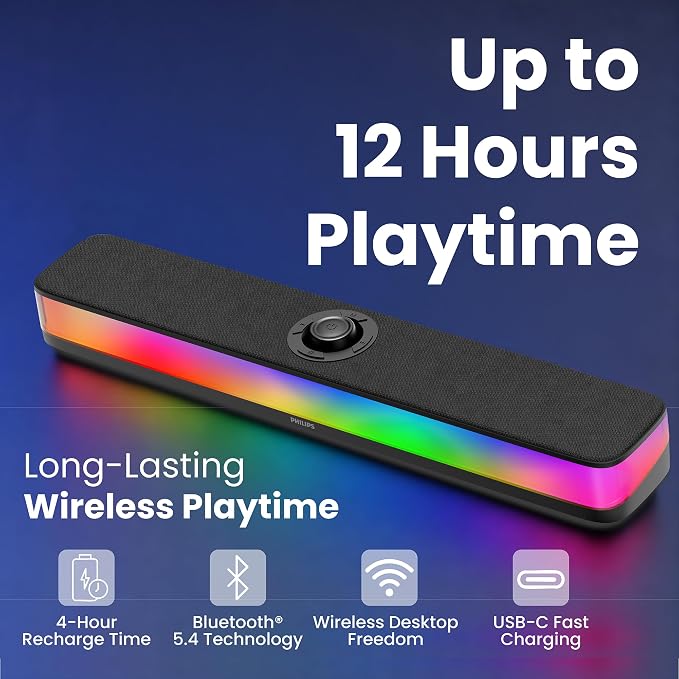 PHILIPS PC Sound Bar, Computer Speakers for Desktop, Bluetooth 5.4 Soundbar with Built-in Microphone, Clear Audio, RGB Lights with Volume Knob, USB Playback, for Laptop, Monitor, Gaming Setup