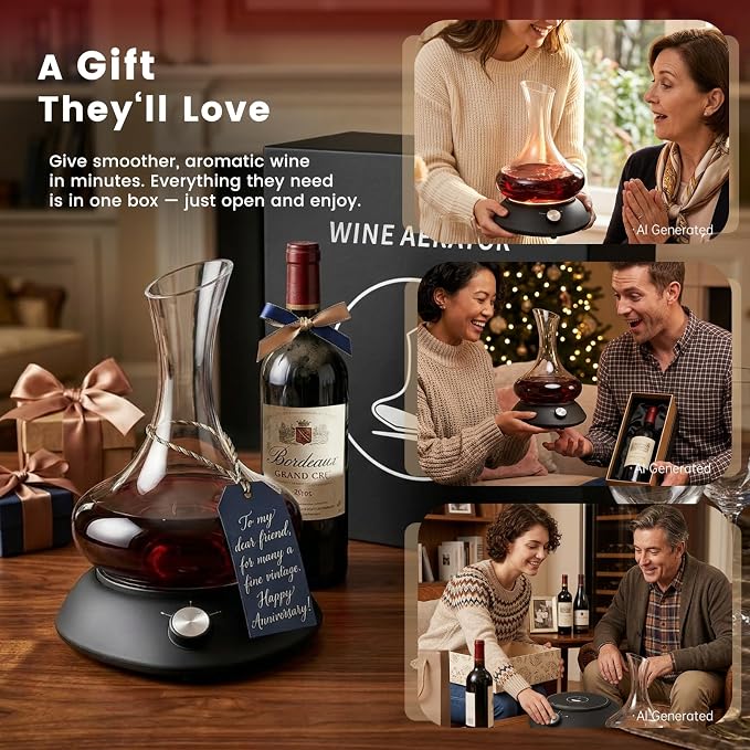 5-in-1 Automatic Electric Wine Decanter Set ，Black Rotation Aerator Base with Glass Carafe, Electric Wine Opener with Foil Cutter, Wine Gifts & Accessories for Wine Lovers and Women