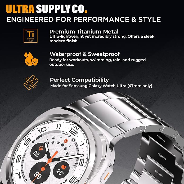 Ultra Supply Co. Titanium Band for Samsung Galaxy Watch Ultra 47mm – Galaxy Watch Ultra Metal Band with Folding Clasp, Scratch & Water-Resistant DLC Coating, Adjustable Smartwatch Bands