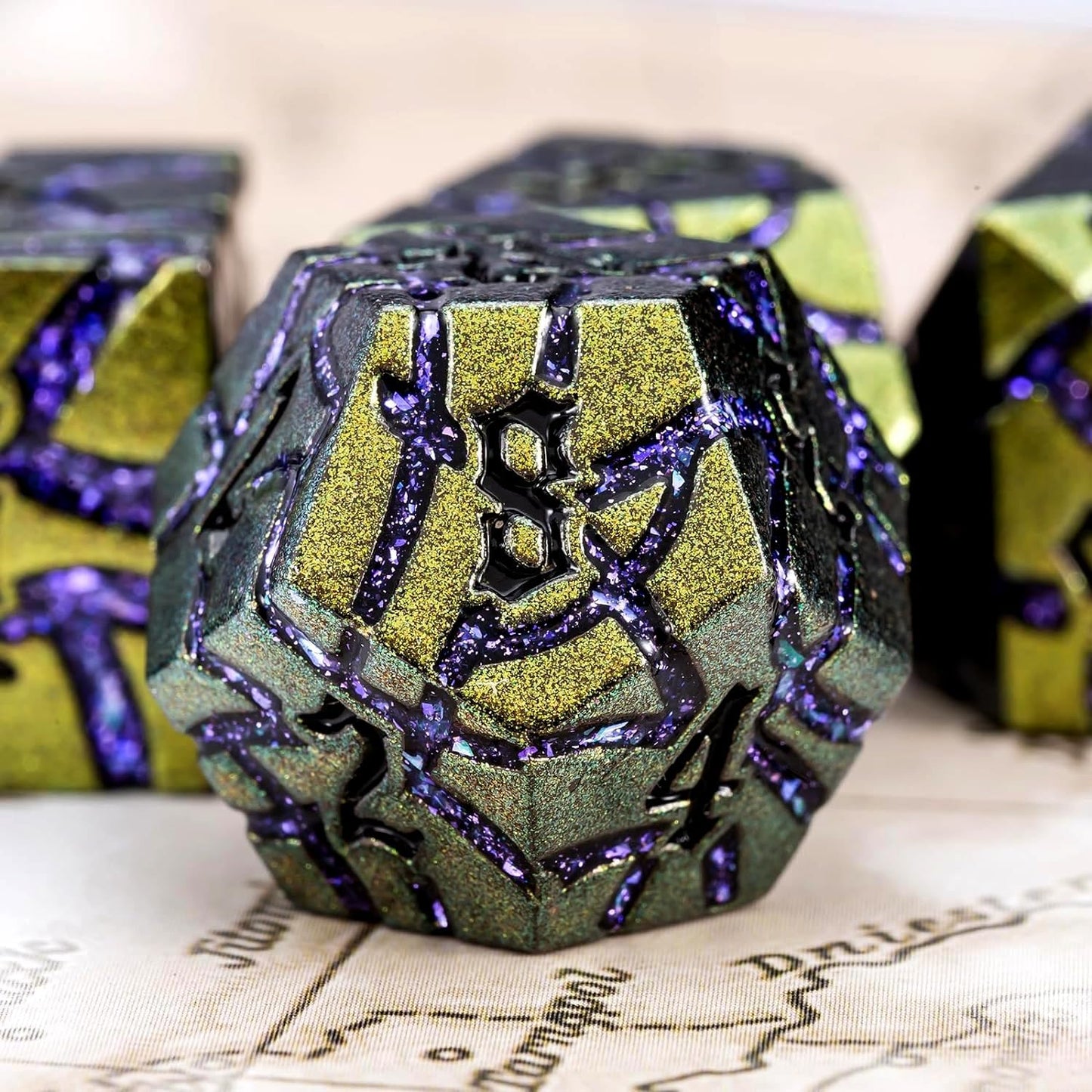 Dice Set D&D Metal,DND Metallic Glitter Crack Dice with Gift Box for RPG Board Games (Greenish Yellow Color + Purple)