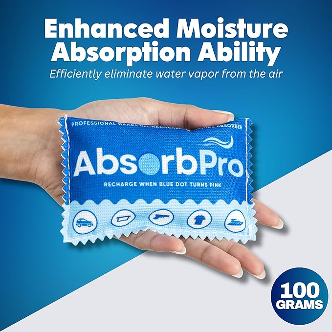 Absorb Pro Rechargeable Dehumidifier Bag 1-Pack - 100g Reusable Moisture Absorbers - Silica Gel Packets for Bins, Totes, Gun Safe, Food Storage, Clothes, Cars, and Boats