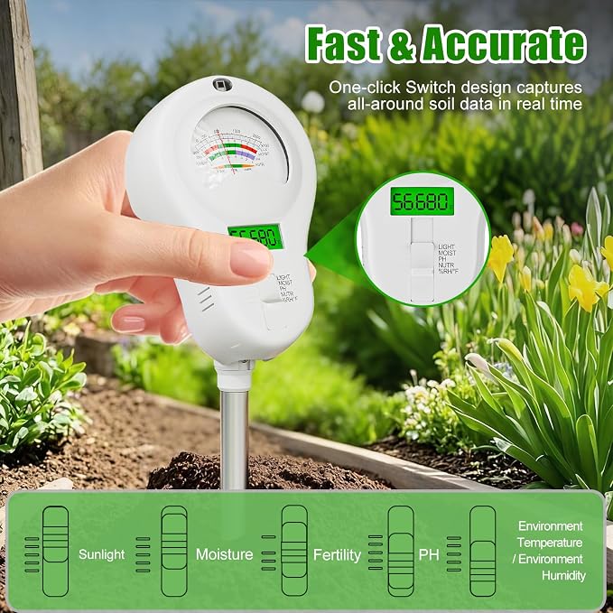 SPECILITE 6-in-1 Soil Tester, Digital Soil Moisture Meter/PH Meter/Sunlight/Temperature/Fertility Monitor with 2 Removable Probe, Dual Screen Soil Test Kit for Gardening, Lawn, Indoor & Outdoor Plant