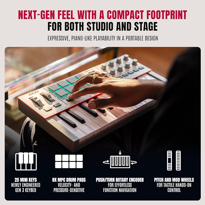 Akai Professional MPK Mini IV USB-C MIDI Keyboard Controller for Beginners and Producers - MPC Drum Pads, 360° Knobs, Pitch and Mod Wheels, Production Software, Native Instruments Sound Package, Grey