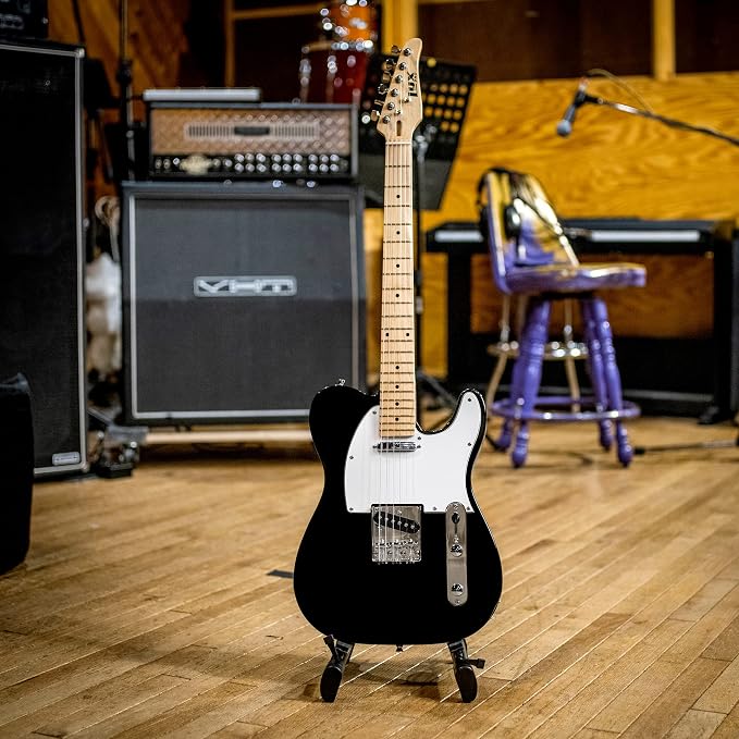 LyxPro 39” Electric Guitar TL Series, Full-Size Paulownia Wood Body, 3-Ply Pickguard, C-Shape Neck, Ashtray Bridge, Quality Gear Tuners, 3-Way Switch & Volume/Tone Controls, 2 Picks Included, Black