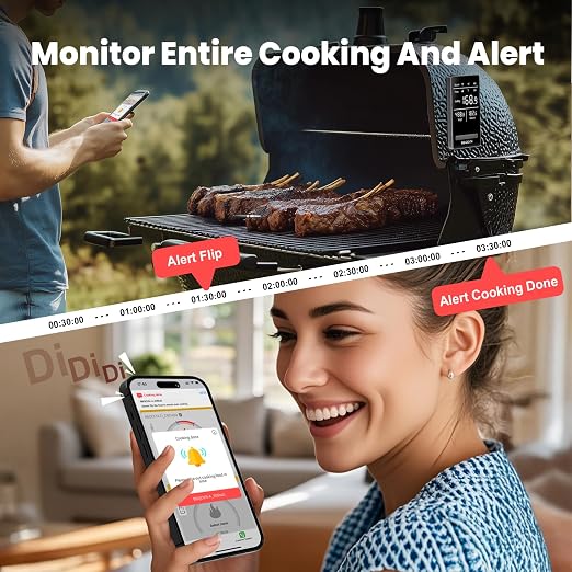 BBQOVN Smart WiFi Wireless Meat Thermometer, Sub-1G Long Range 1000FT, 7 NIST Certified Sensors in 1 Thinner Probe ±0.5℉ Accuracy, Standalone Base with App (Dark Gray) | Unlimited Range Sub-1G IP68 Waterproof Large Magnetic Base Display for Grill, Smok...