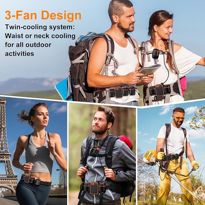 2026 Portable Waist Fan with Dual Small Fans for 10 times Strong Wind & Wide Cooling Area 10000mAh Battery Over 30H Working Time Hands-Free Fan with Belt for Outdoor, Sports (Black Orange)