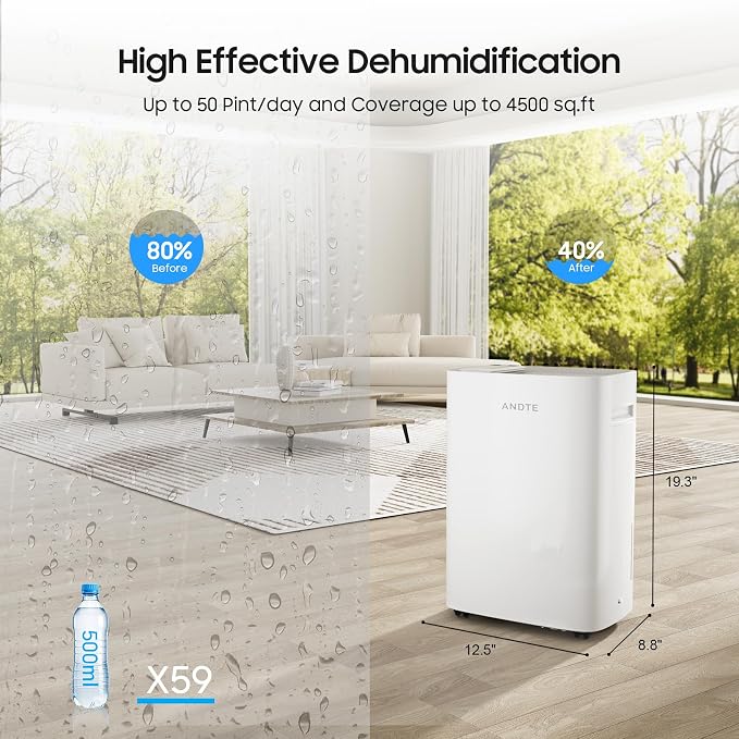 4500 Sq.Ft Energy Star Dehumidifier for Basement with Drain Hose, ANDTE 52 Pints Dehumidifiers for Home Large Room, Bathroom, Intelligent Humidity Control, Touch Control Panel, Auto Defrost