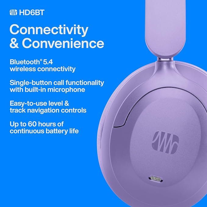 PreSonus Eris HD6BT — Over-Ear Closed-Back Wireless Headphones, Bluetooth, ANC Noise Cancelling, Up to 60 Hours Battery Life, Studio Headphones for Mixing, Monitoring, Recording, Mystic Purple
