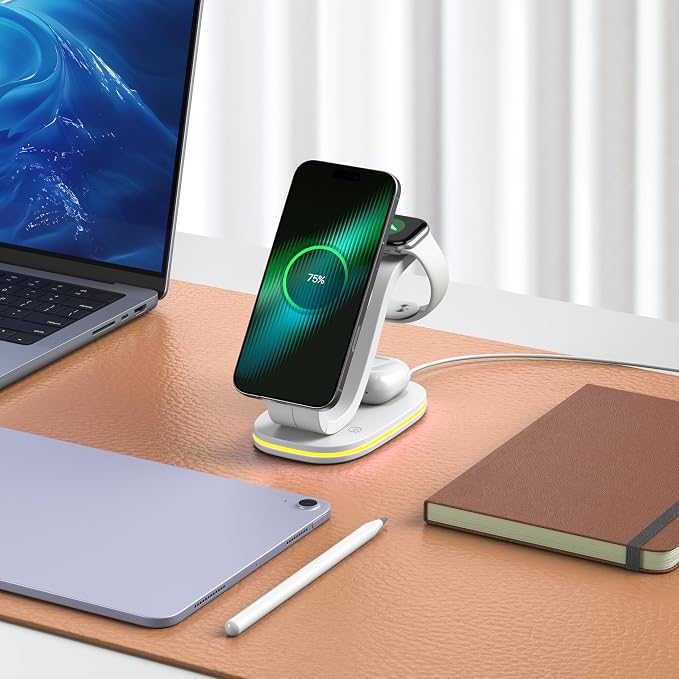 3 in 1 Charging Station for iPhone, 2026 New Fast 15W Wireless Charger Station Compatible Mag-Safe for iPhone 17 16 15 14 13 12 Wireless Charging Station for AirPods Wireless Charger for iWatch Series