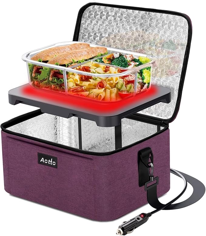 Aotto Heated Lunch Box Food Warmer - 12V/24V 2-in-1 Car Food Warmer with Vehicle Plug - Mini Portable Electric Lunch Box Heater for Men and Women - Reheat & Keep Meals Warm On the Go - Dark Purple