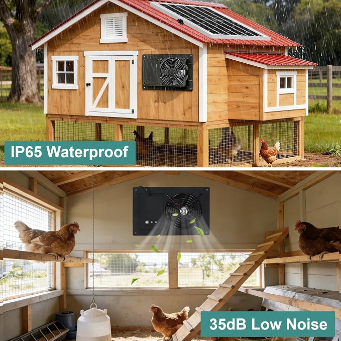 Solar Fan for Chicken Coop with 16.4Ft Cable,3/6H Timer, Waterproof Greenhouse Fans for Shed, Chicken Coop,Ventilation