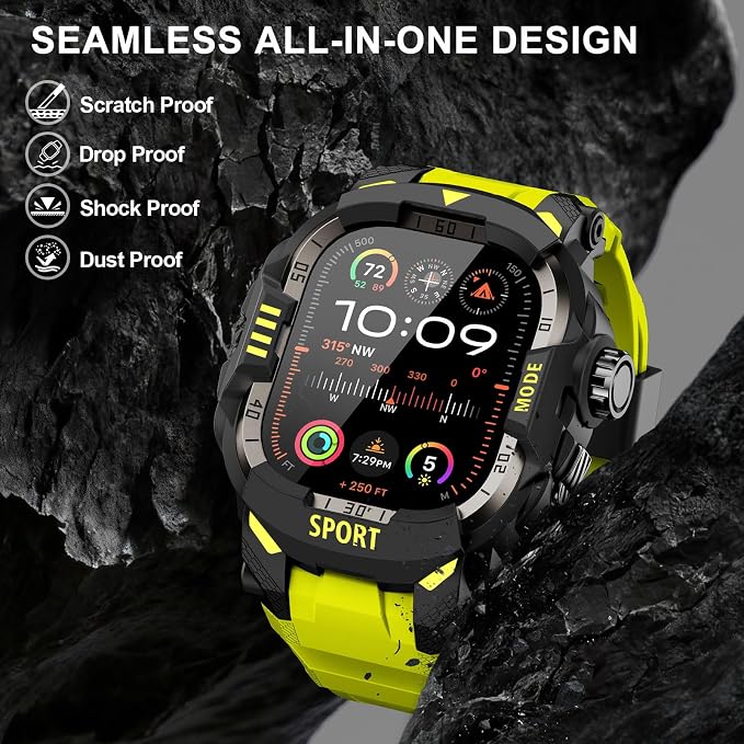 DABAOZA Rugged Case with Band Screen Protector Compatible with Apple Watch 49mm, for iWatch Ultra 3/2/1,Military Grade Shockproof Bumper and Men's Tactical Heavy Duty Strap(Fluorescent Green,49MM)