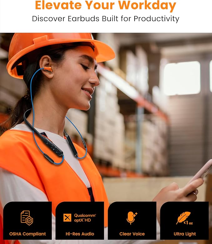 Noise Reduction Wireless Neckband Headphones with Replaceable Earbuds (Extra Set Included) - Qualcomm aptX HD, 27dB NRR, CVC Noise Cancelling Mic & 20H Playtime for Work Safety OSHA Compliant