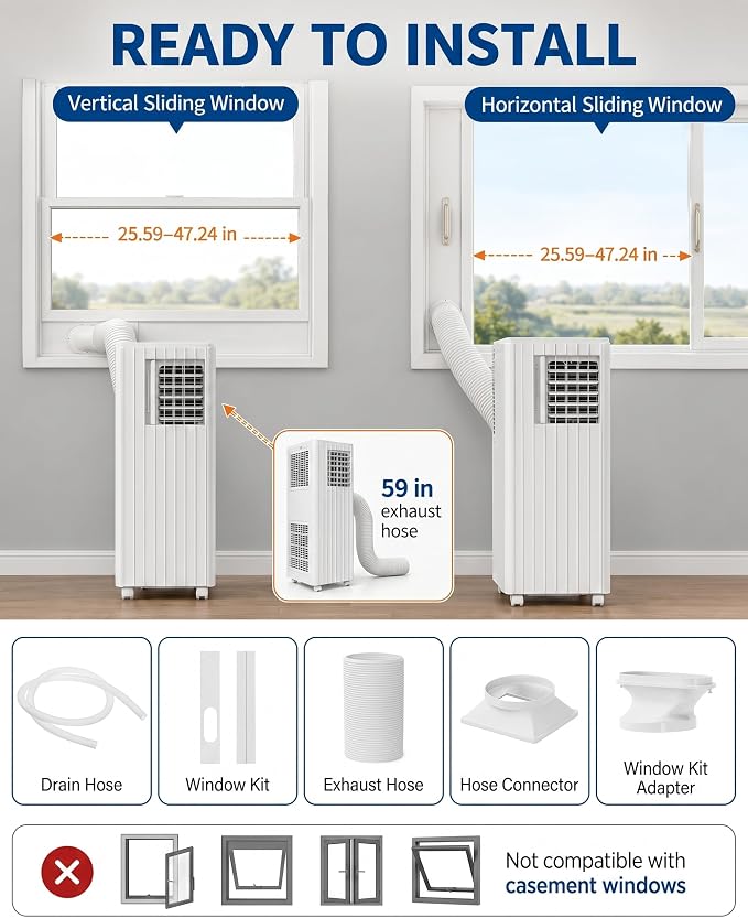 8000 BTU Portable Air Conditioners, 4-in-1 Portable AC with Cooling, Dehumidifying & Fan Functions, Sleep Mode, 24-Hour Timer, Remote Control and Easy Installation, for Office