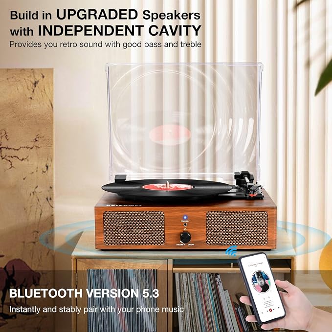 Vinyl Record Player with Upgraded Speakers and USB,Belt-Driven Bluetooth Turntable with 3 Speed AUX Input Headphone Jack and RCA Output