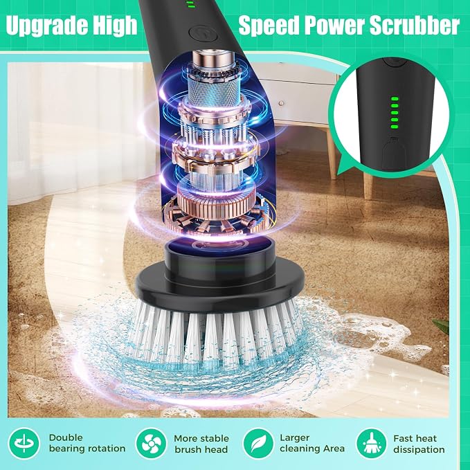 YKYI Electric Spin Scrubber, Cordless Power Scrubber Cleaning Tool with 8 Replaceable Heads and Extension Handle for Bathroom, Tub, Tile, Floor, Grout and Car (Gray)