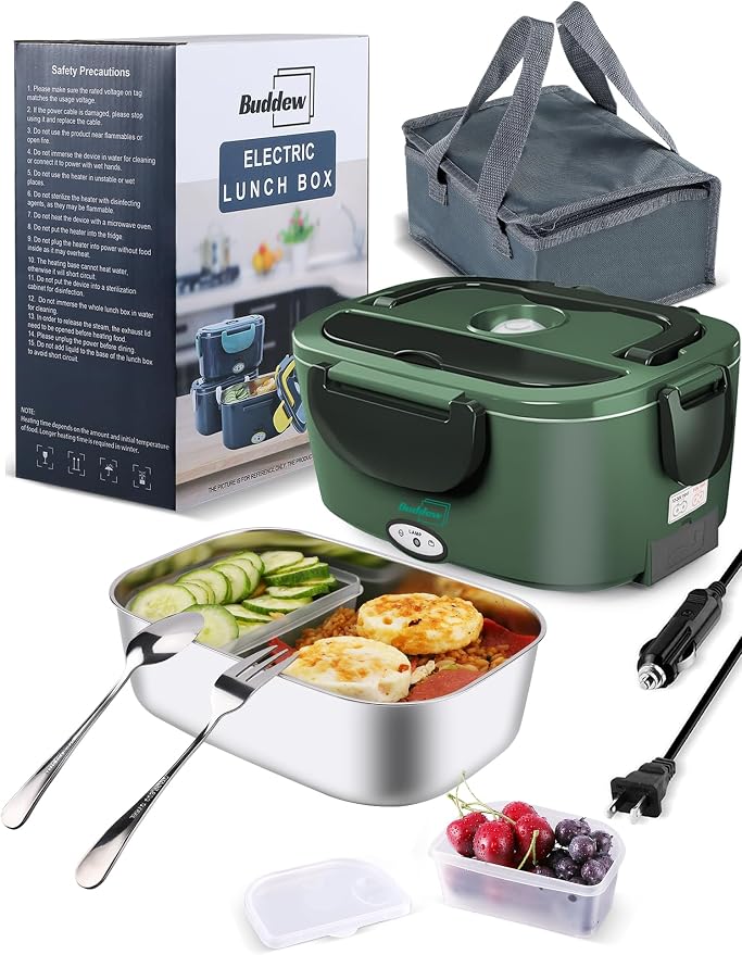 Buddew Electric Heated Lunch Box, 80W Fast Heating, 1.5L Food-Grade 304 Stainless Steel, 12V/24V/110V Portable Food Warmer for Car Truck Office Adults, Lonchera Electrica Portatil (Dark Green)
