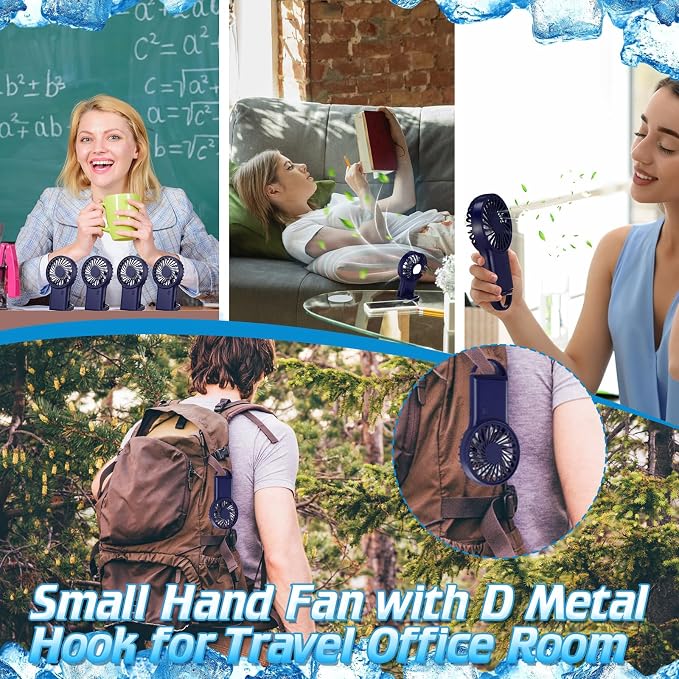 VIHOSE 4 Pcs Portable Hanging Fan, 3 Speeds Personal Rechargeable Desk Hand Held Small Fan with D Metal Hook for Cooling Small Personal Hands Outdoor Travel (Dark Blue)