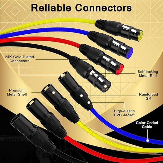 4-Channel XLR Snake Cables 10FT, 4 Colored XLR Male to Female Microphone Cable with Color-Coded, for Recording, Studios, Live, Mixers, IEM & Mic Systems