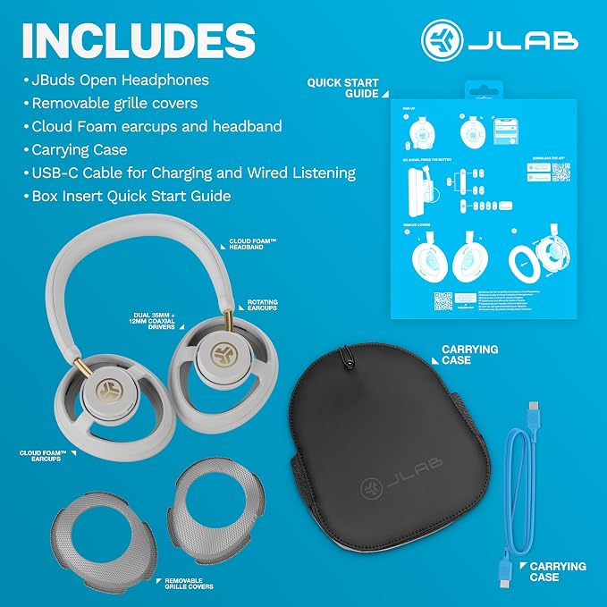 JLab JBuds Open Wireless Headphones – Open-Ear, Comfortable All-Day Fit, 24+ Hour Playtime, Immersive Sound, Bluetooth Headphones with App Control, White