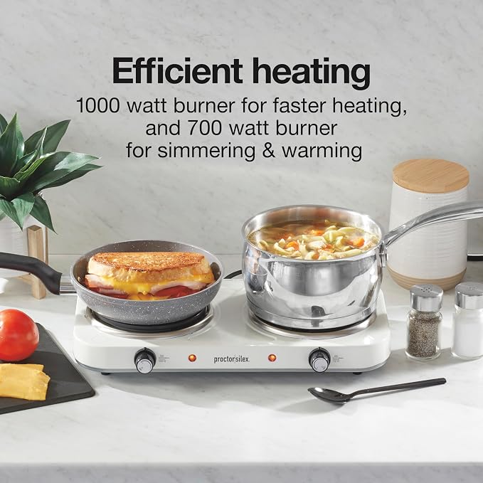Proctor Silex Portable Electric Stove, Cast Iron Double Burner Cooktop, Compact, Adjustable Temperature Hot Plate, 1700 Watts, White (34117)