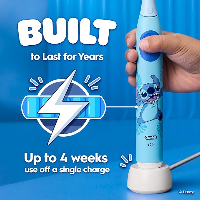 Oral-B iO Kids Limited Rechargeable Electric Powered Toothbrush, Stitch - Automatic Pressure Sensor - 3 Cleaning Settings - Music Timer - 28 Day Battery Life - Travel Case