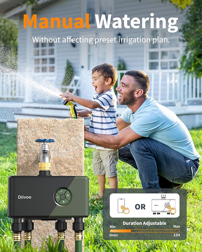 Diivoo WiFi Water Timer 4 Outlets, Smart Sprinkler/Hose/Tap Timer Compatible with Alexa & 24 Irrigation Plans & Rain Delay, Garden Watering Systems Controller with 2 Watering Modes for Lawn Yard