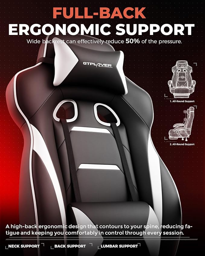 GTPLAYER Gaming Chair with Footrest, Big and Tall Game Chair 350lb Racing Style Computer Chair, Ergonomic Executive Office Chair High Back with Lumbar Support and Recliner, White