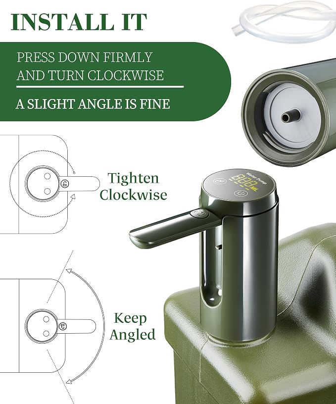 UPWOIGH Automatic Water Pump for Square Camping Water Jug, Screw-Lock Fit 1.97in (50mm) Outer Thread Only, Type-C Rechargeable Touch Dispenser, Green, Not for Standard Bottles
