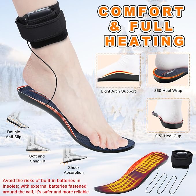 Heated Insoles, Heated Insoles for Women Men with 6000mAh Battery, 4 Temperature Rechargeable Foot Warmers, Full-Foot Heating, Electric Heating Insole for Outdoor Hunting Fishing Camping