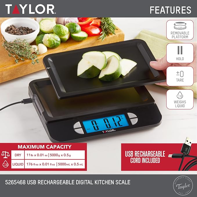 Taylor USB Rechargeable Digital Kitchen and Food Scale, 11 pound capacity with Dishwasher Safe Tray, Cord Included