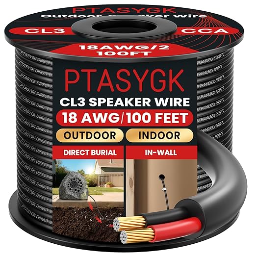 18 Gague Outdoor Speaker Wire 100 Feet - 2 Conductor Direct Burial Speaker Cables CL3 CL2 Rated, UV Resistant CCA Cable for Garden, Patio, Pool Audio Systems