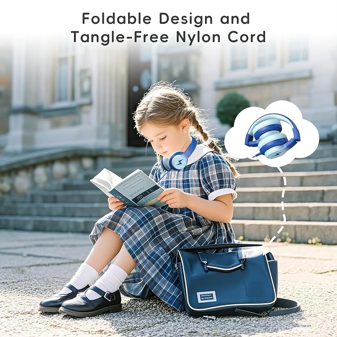 Candy Bila Kids Headphones, Wired Headphones for Kids Over Ear with Microphone, Foldable Headphone for Learning & Entertainment,Light Blue