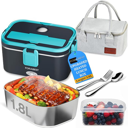 FORABEST Heated Lunch Box - 80W Electric Lunch Box for Adults - Portable Food Warmer - 1.8L Stainless Steel Containers, Carry Bag & Leakproof Lid - 12V/24V Car/Truck & 110/220V Home/Office - Navy Blue