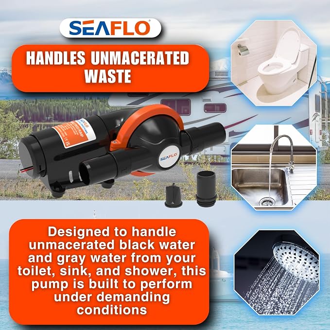 SEAFLO 12V Diaphragm 5.0 GPM Waste Pump – 360-Degree Rotating Head, 4-Year Warranty for Marine, RV, Camper, Boat