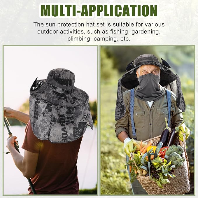 3 Pcs Solar Fan Hat with Arm Sleeves Neck Gaiter Wide Brim Sun Hat Solar Powered USB Charging for Men Women