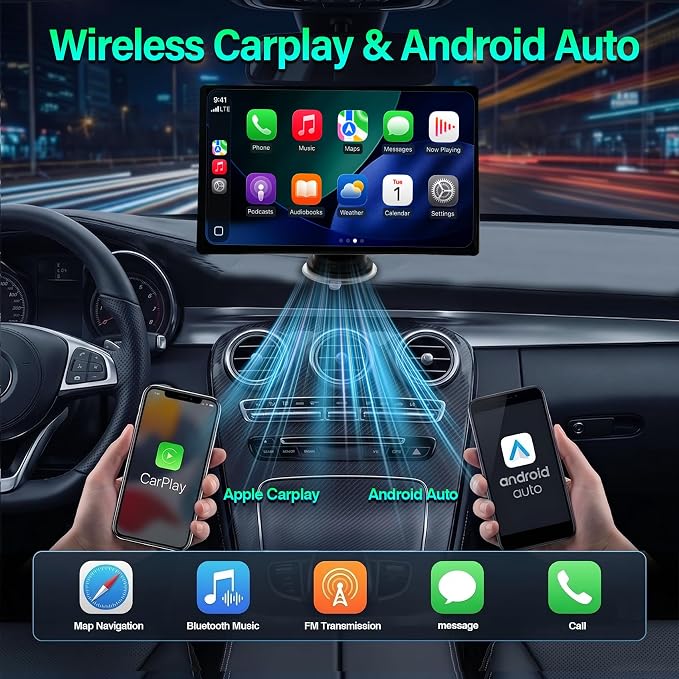 9" Wireless Apple Carplay Screen for Car, Portable Apple Carplay & Android Auto Touch Screen with 4K Dash Cam, 1080P Backup Camera DVR, Mirror Link, GPS Navigation, Voice Control, Bluetooth, FM