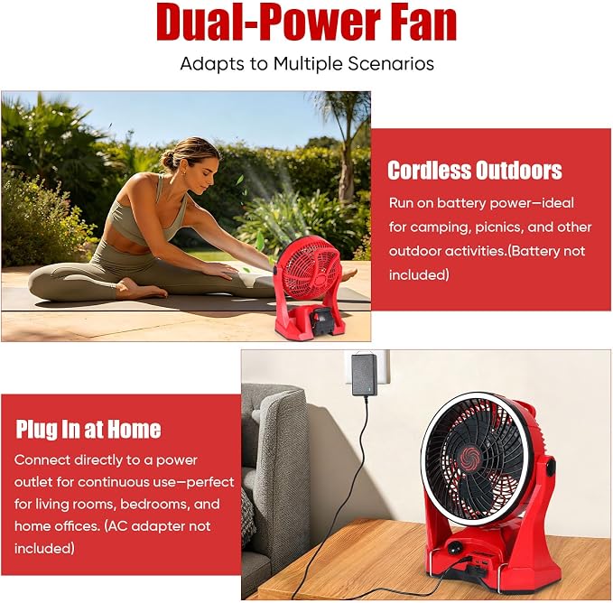 Fan Compatible with Milwaukee M18 Battery Portable Jobsite Camping Fan with Infinite Speed Control USB-C and USB Charging, Hook, Handle 270° Tilt 4.5H Max Runtime for Outdoor Use Battery Not Included