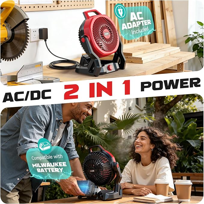 Ecarke 10" Portable Floor Fan Compatible with Milwaukee 18V Battery (Tool Only) AC Power 3500RPM High Airflow Cordless Fan with Hook 3-Speed Quiet Operation for Jobsite Camping Tent