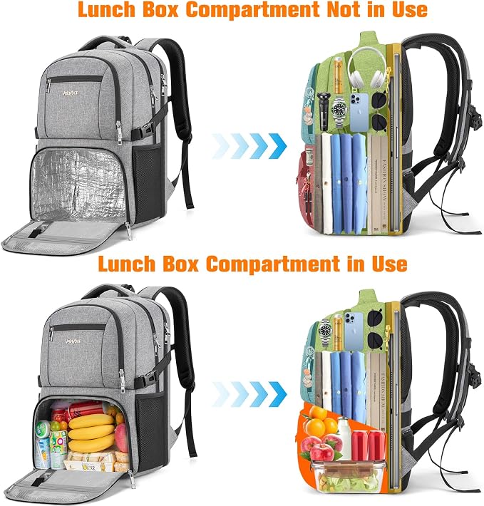 Insulated Lunch Backpack Fit 17" Laptop, Work Backpack with Lunch Box for Men & Women, Water Resistant College Computer Bag for Travel, Business, Hiking